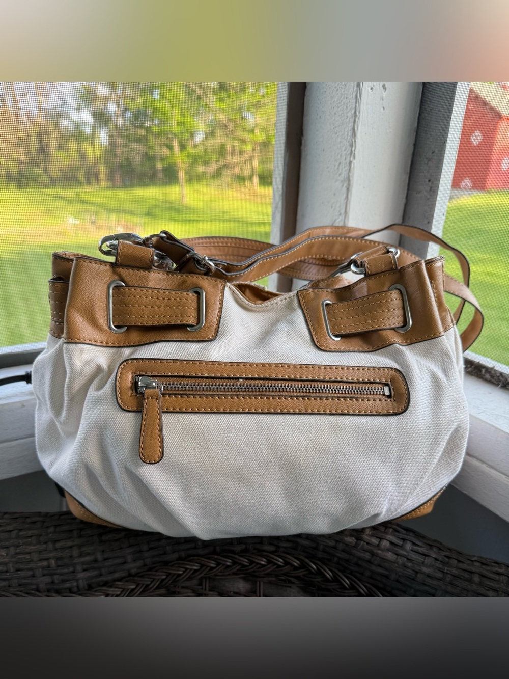 Etienne Aigner Cream Canvas Shoulder Bag with Tan  Trim NWT - Picture 3 of 14